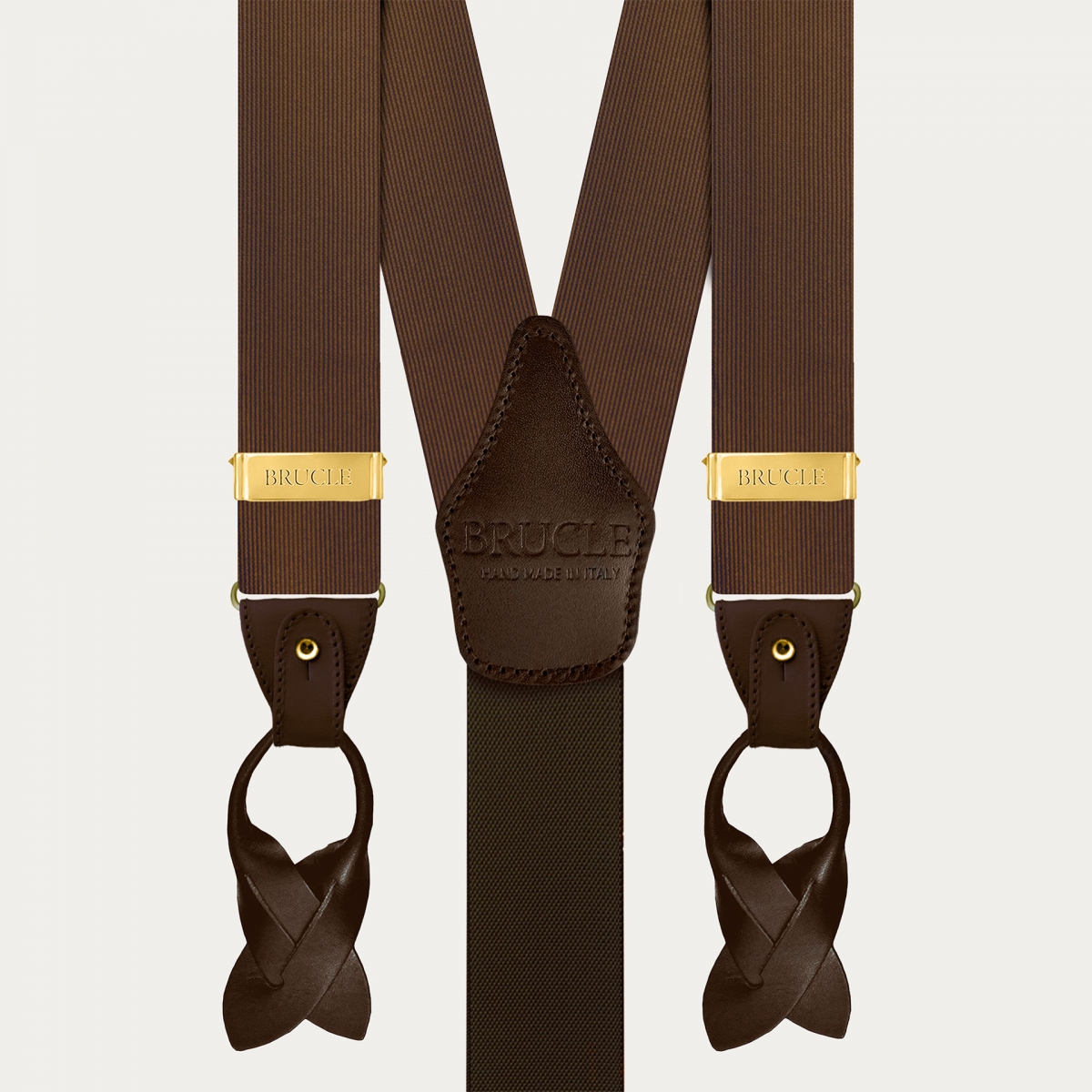 Brown silk dual-use suspenders with gold clips