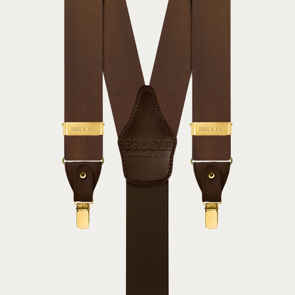 Brown silk dual-use suspenders with gold clips