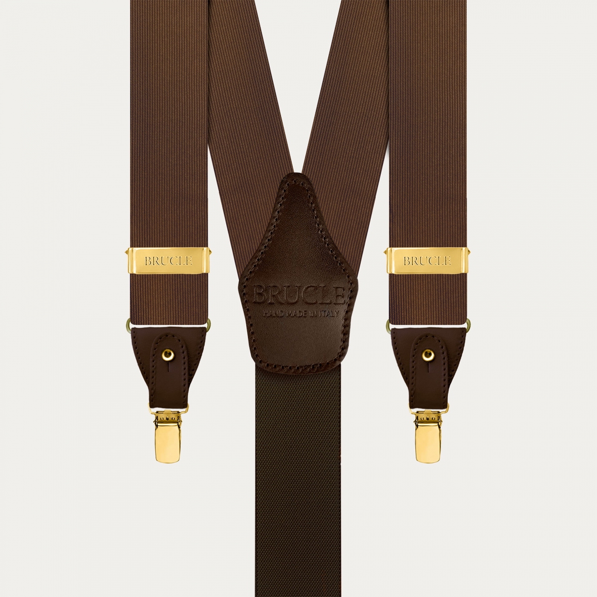 Brown silk dual-use suspenders with gold clips