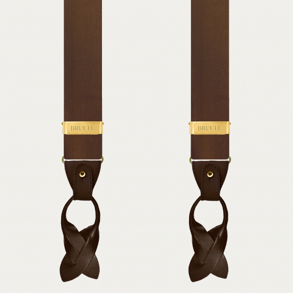 Brown silk dual-use suspenders with gold clips