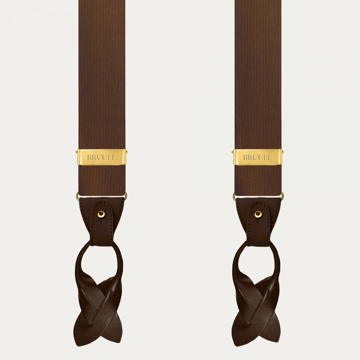 Brown silk dual-use suspenders with gold clips