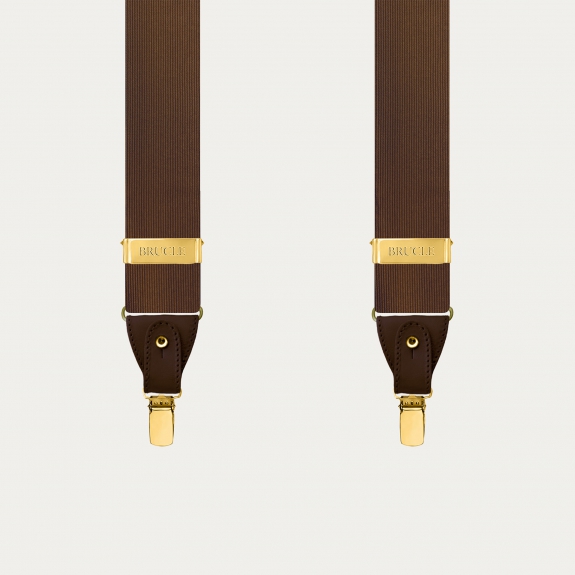 Brown silk dual-use suspenders with gold clips