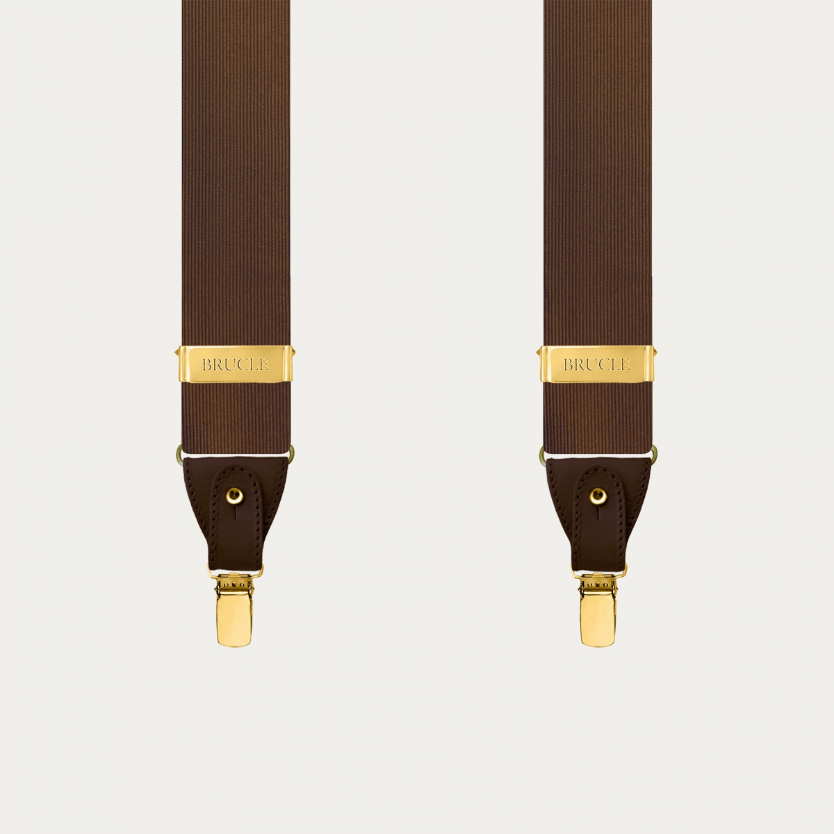 Brown silk dual-use suspenders with gold clips