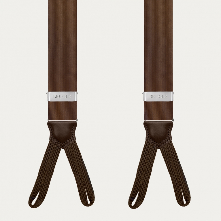 Brown silk men's suspenders with buttonholes, for buttons