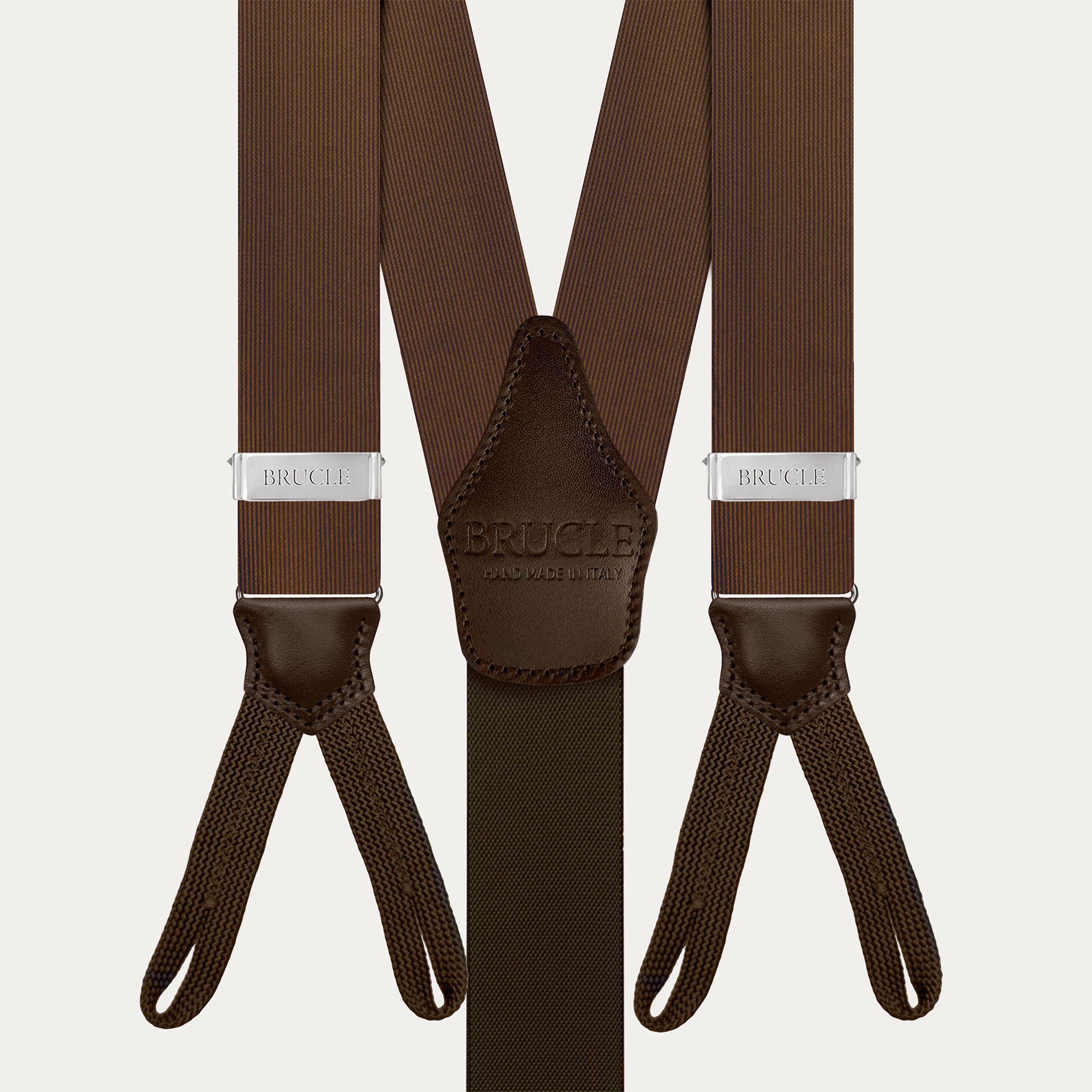 Brown silk men's suspenders with buttonholes, for buttons