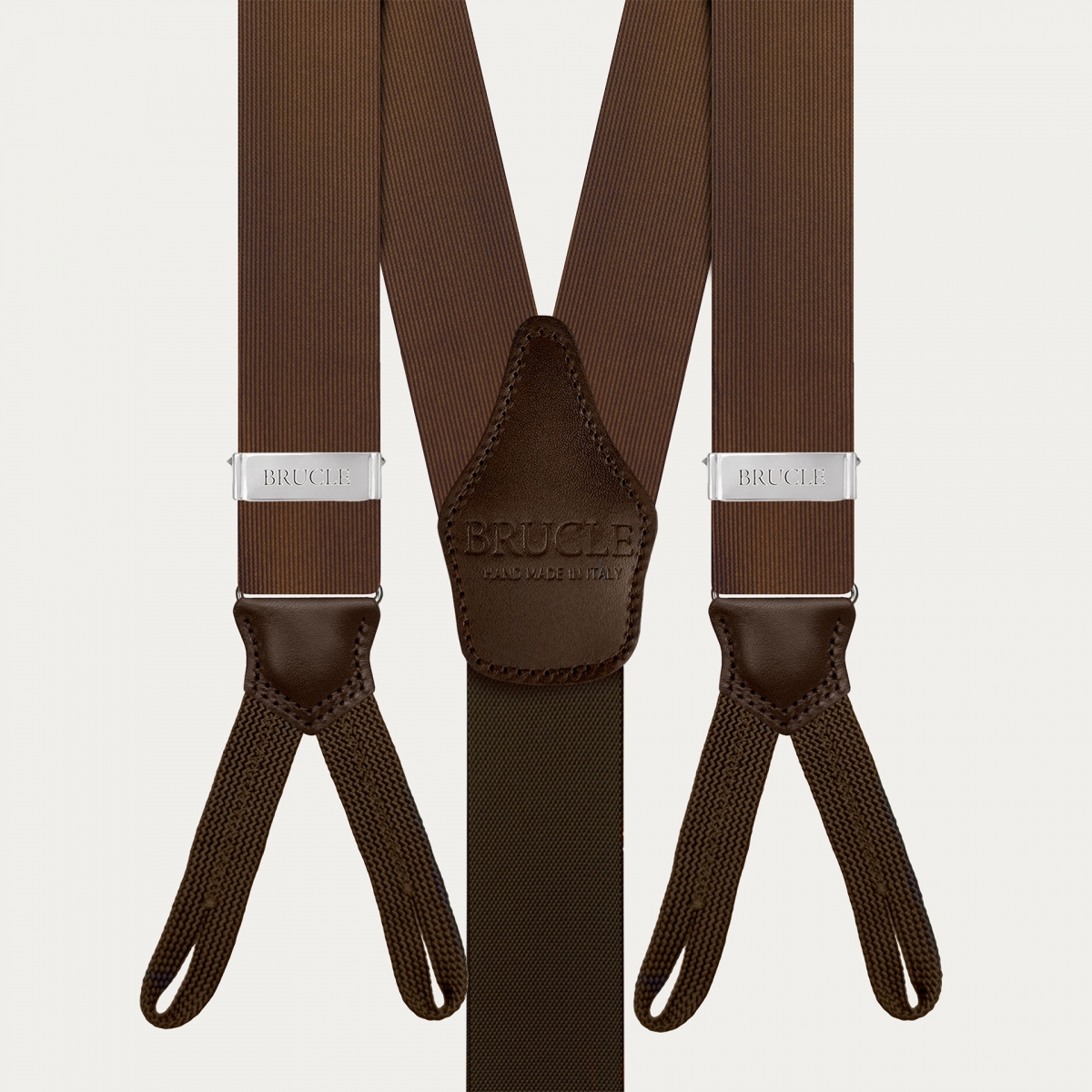 Brown silk men's suspenders with buttonholes, for buttons