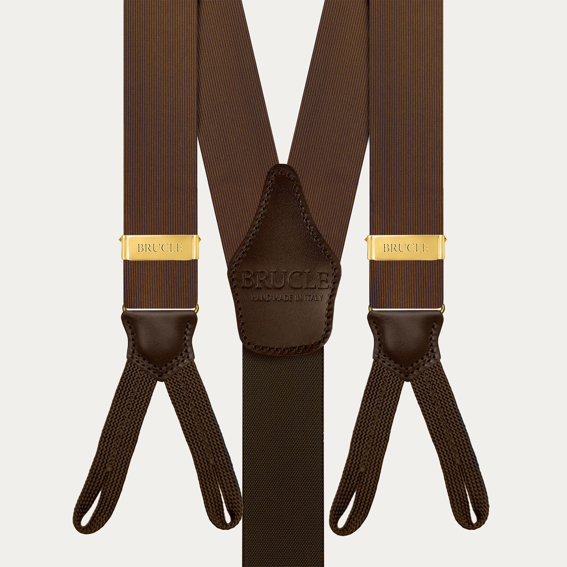 Men's brown silk suspenders with buttonholes and gold adjusters