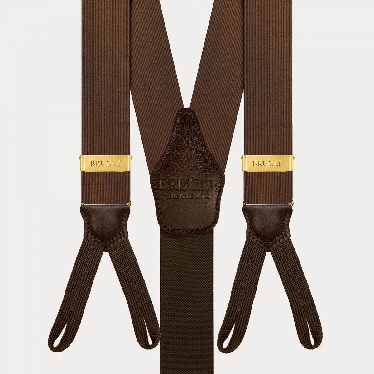 Men's brown silk suspenders with buttonholes and gold adjusters