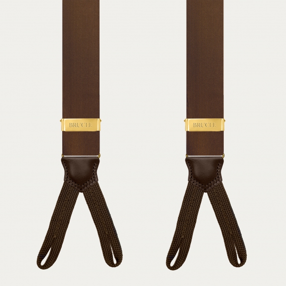 Men's brown silk suspenders with buttonholes and gold adjusters