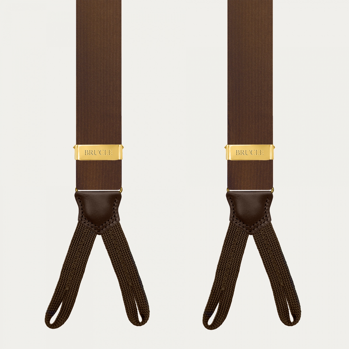 Men's brown silk suspenders with buttonholes and gold adjusters