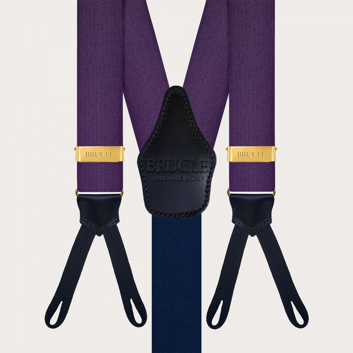 Purple and gold silk suspenders with buttonholes