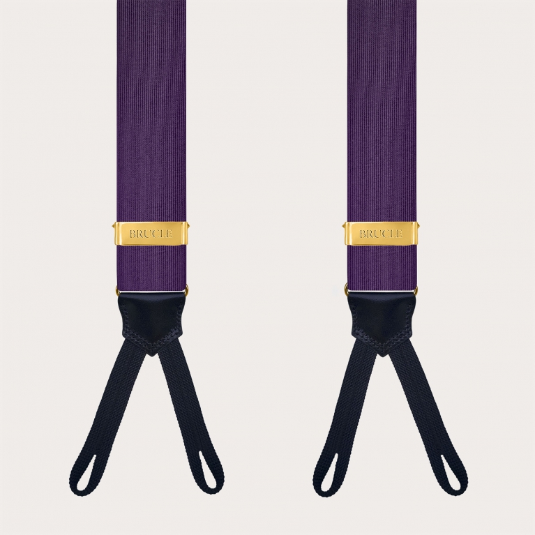 Bretelles en soie violettes et dorées avec boutonnières