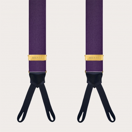 Bretelle viola e oro in seta con asole per bottoni