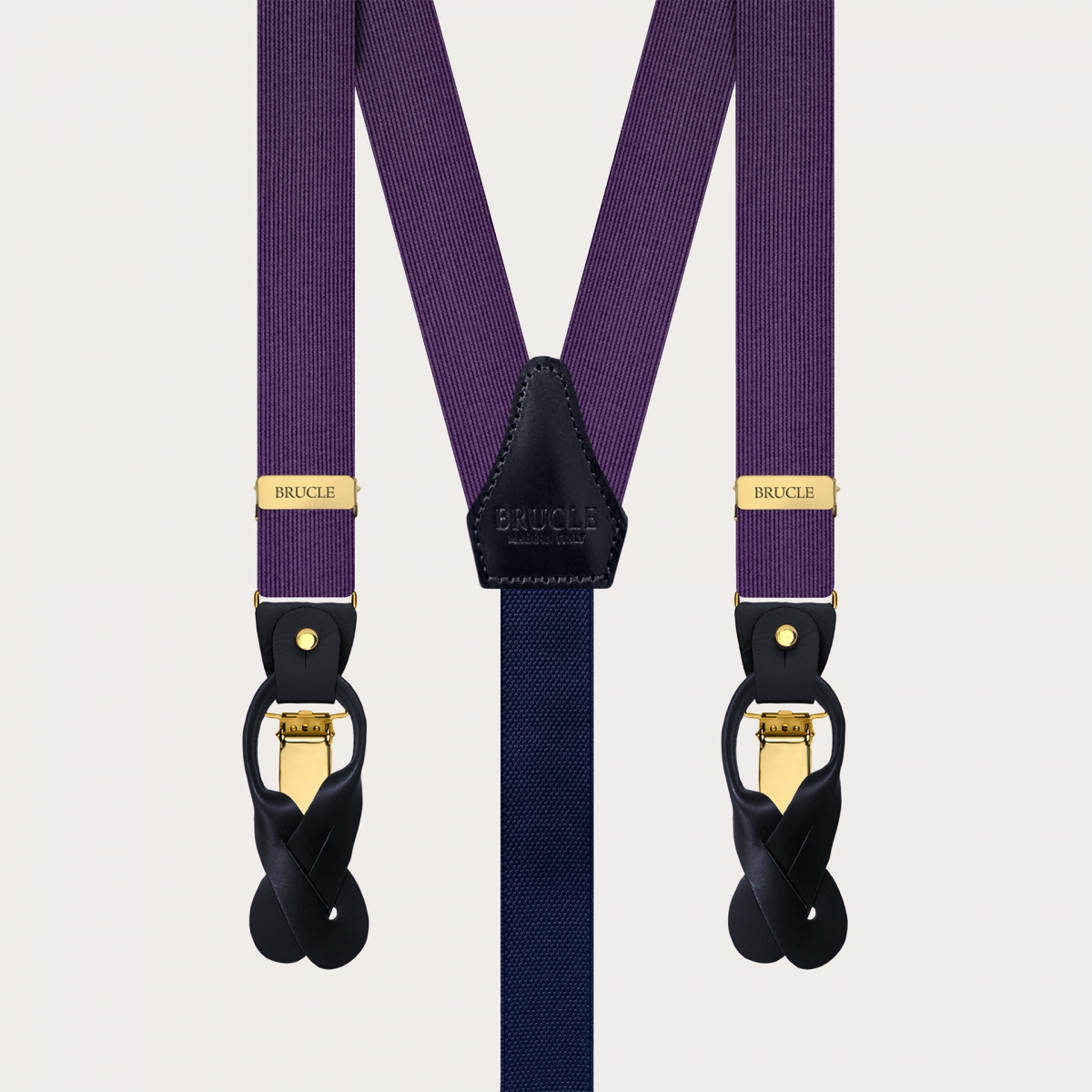 Narrow purple suspenders in jacquard silk with gold metal parts