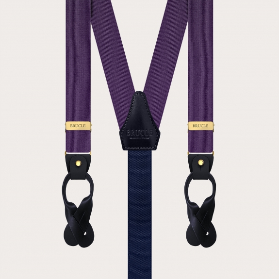 Narrow purple suspenders in jacquard silk with gold metal parts