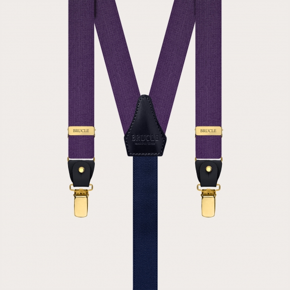 Narrow purple suspenders in jacquard silk with gold metal parts