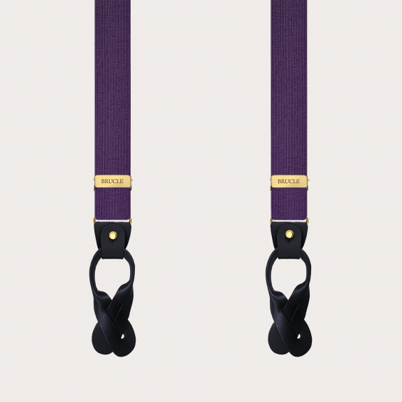 Narrow purple suspenders in jacquard silk with gold metal parts