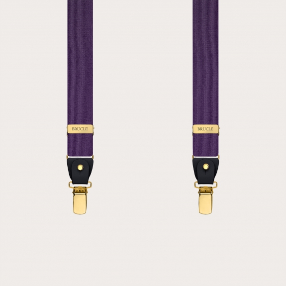 Narrow purple suspenders in jacquard silk with gold metal parts