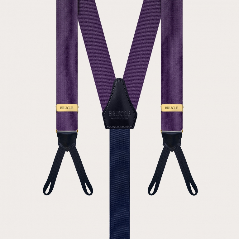 Narrow purple silk suspenders for buttons with gold metal parts