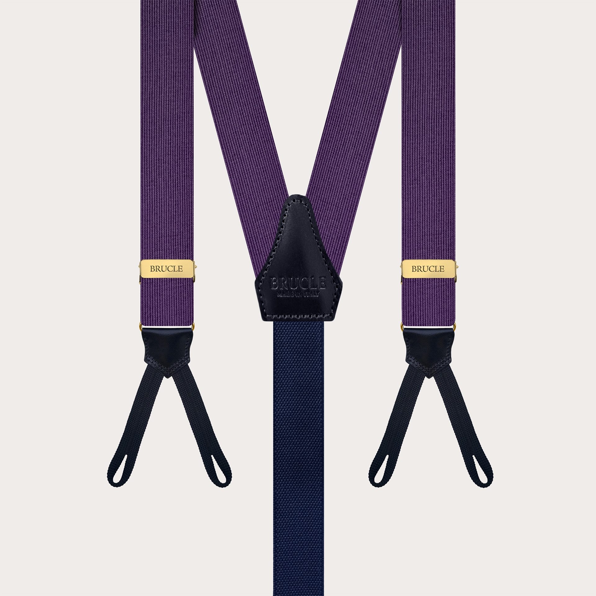 Narrow purple silk suspenders for buttons with gold metal parts