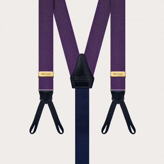 Narrow purple silk suspenders for buttons with gold metal parts