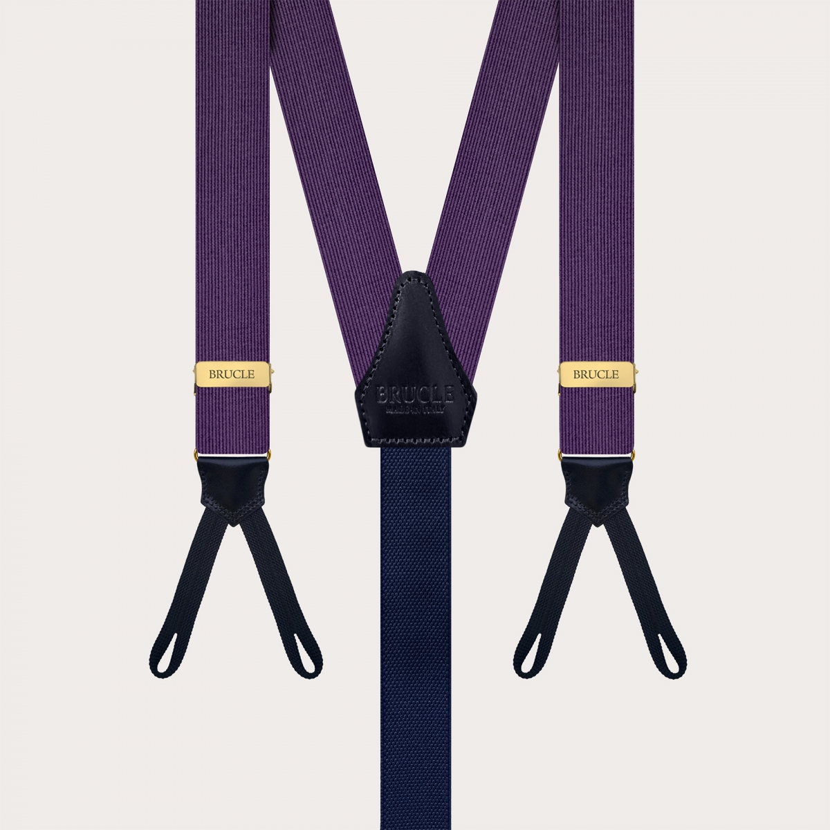 Narrow purple silk suspenders for buttons with gold metal parts