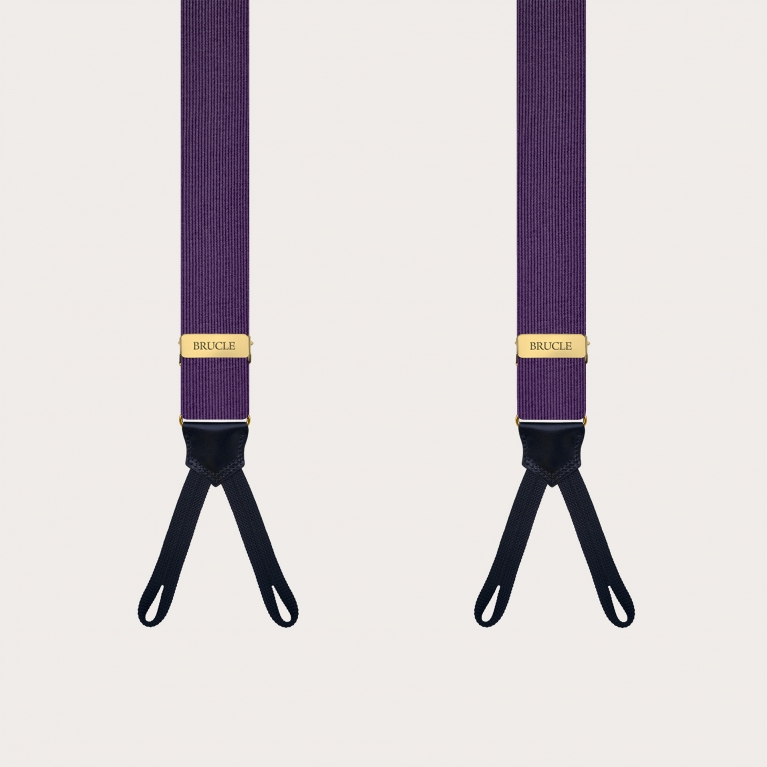 Narrow purple silk suspenders for buttons with gold metal parts