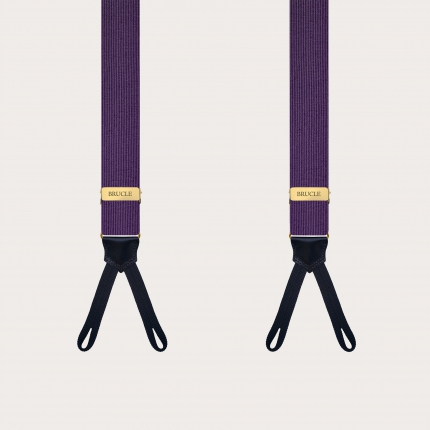 Bretelle strette viola in seta per bottoni con parti metalliche oro