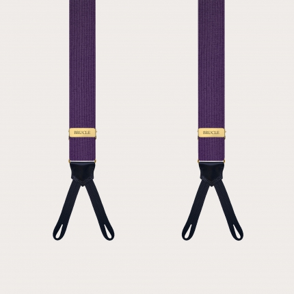 Narrow purple silk suspenders for buttons with gold metal parts