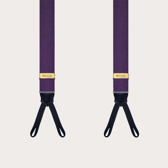 Narrow purple silk suspenders for buttons with gold metal parts