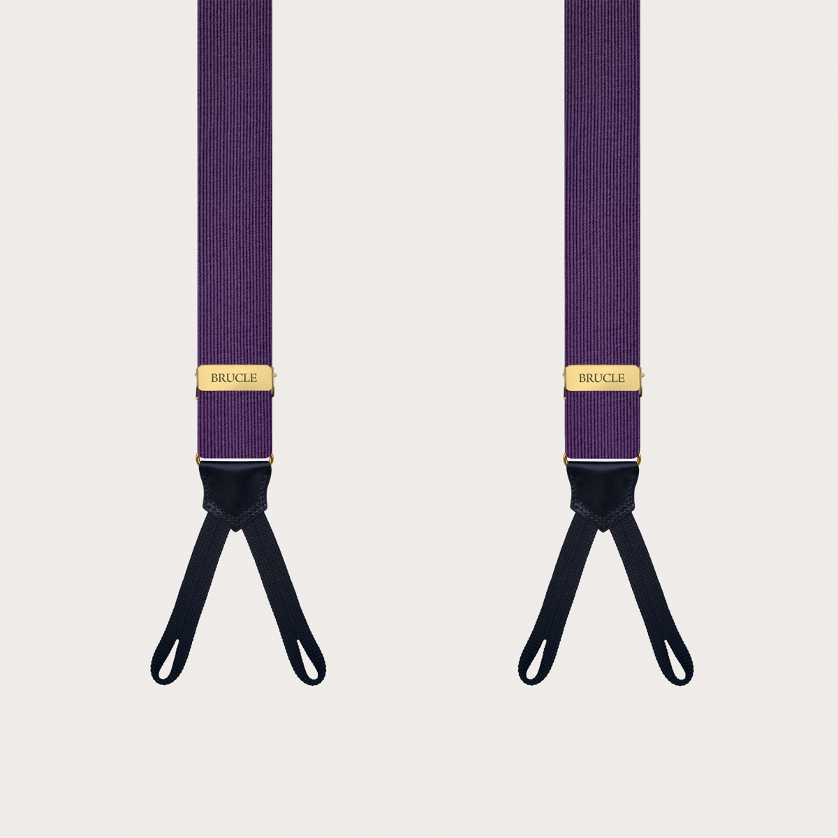 Narrow purple silk suspenders for buttons with gold metal parts