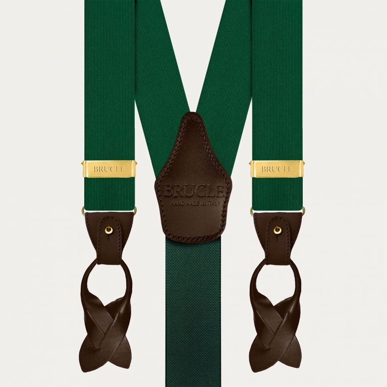 Men's green silk suspenders with brown leather and gold clips