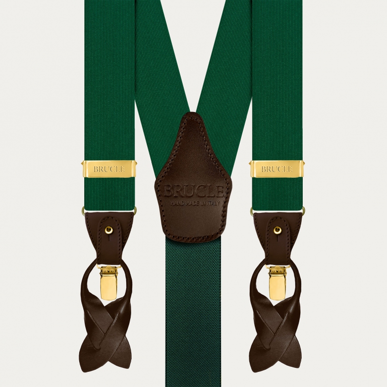 Men's green silk suspenders with brown leather and gold clips