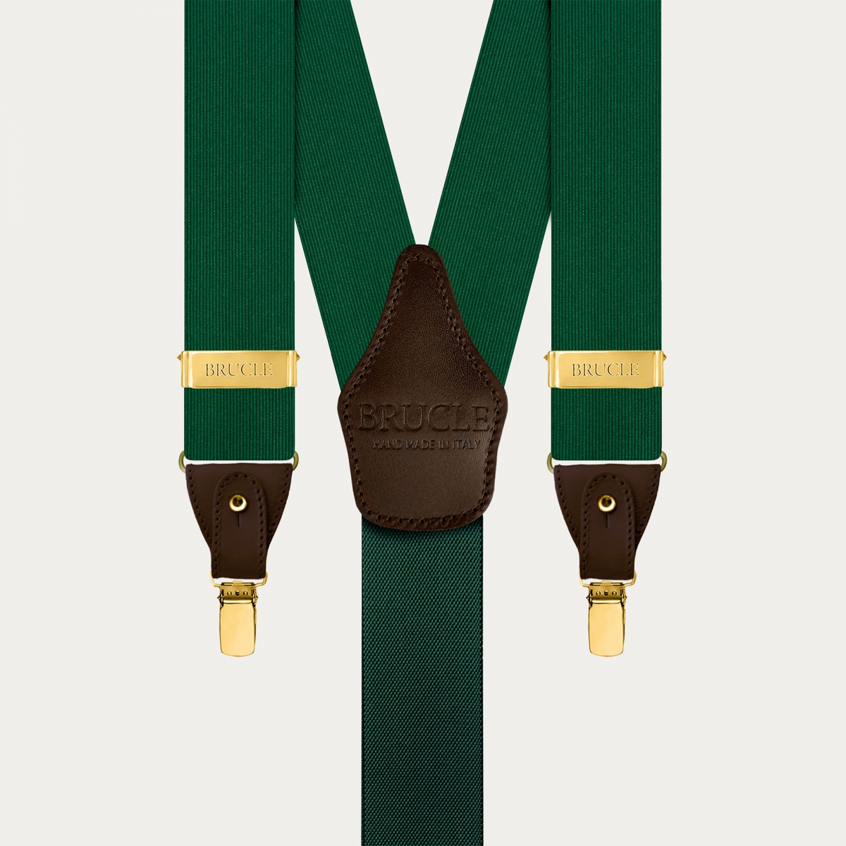 Men's green silk suspenders with brown leather and gold clips