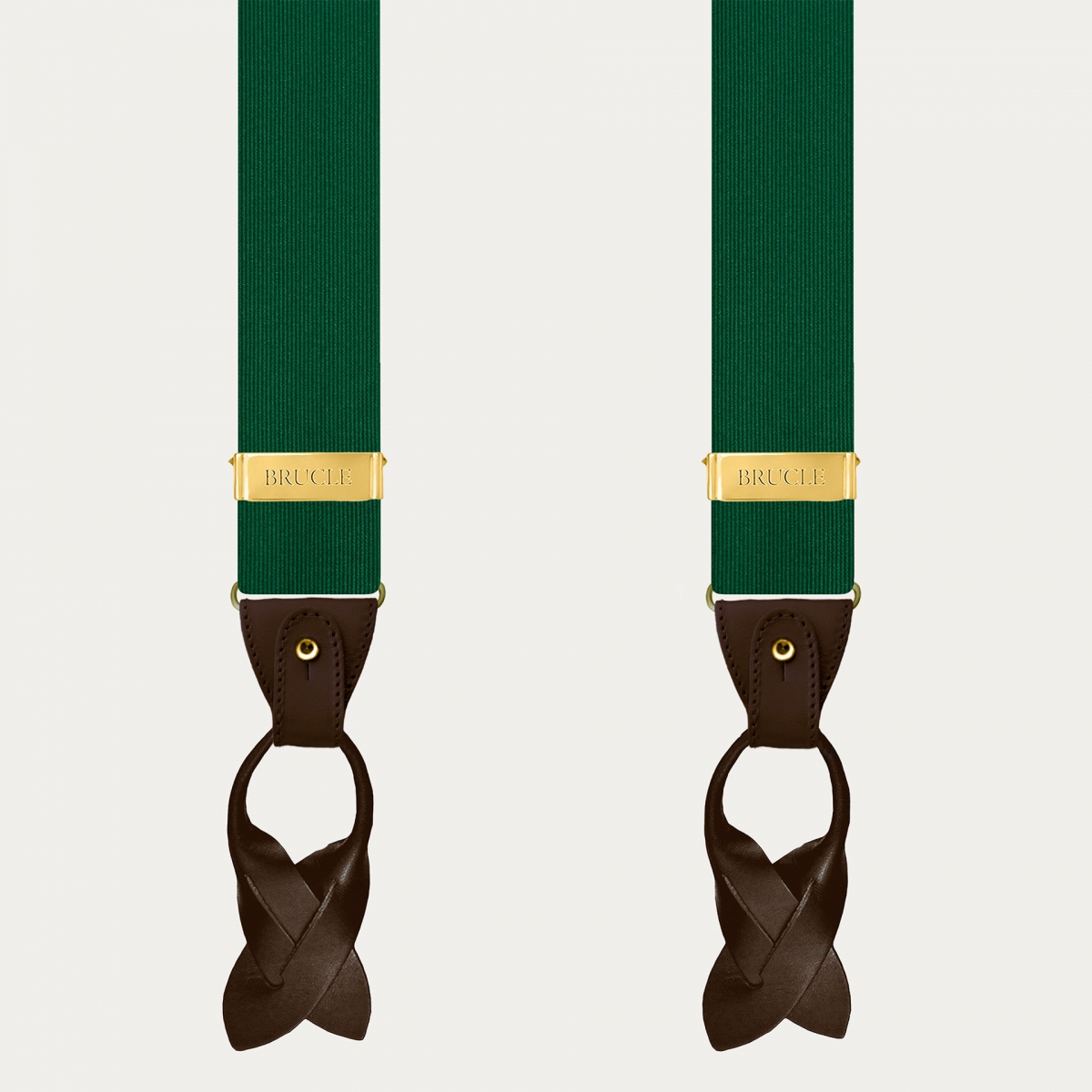 Men's green silk suspenders with brown leather and gold clips