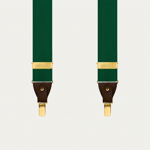 Men's green silk suspenders with brown leather and gold clips