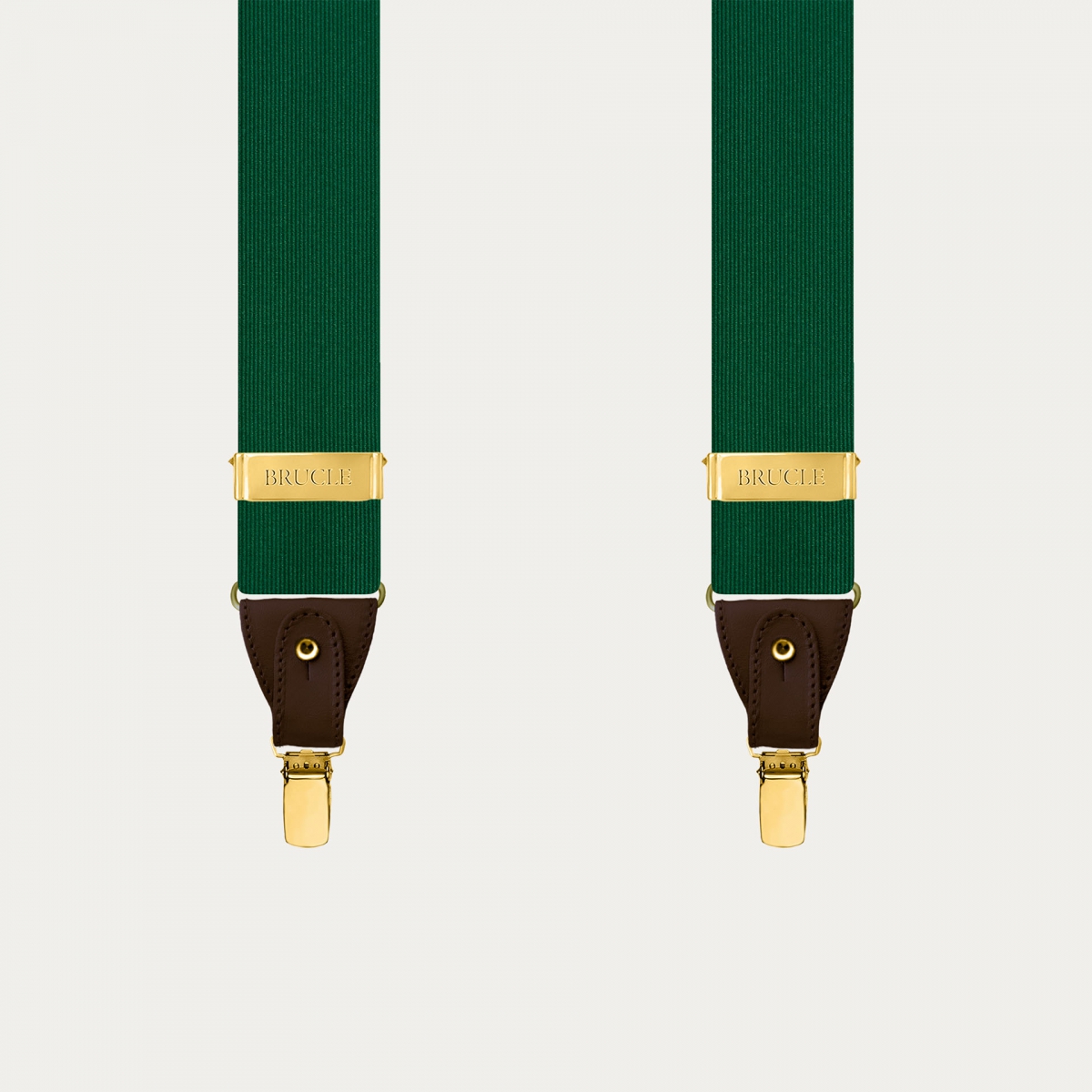 Men's green silk suspenders with brown leather and gold clips