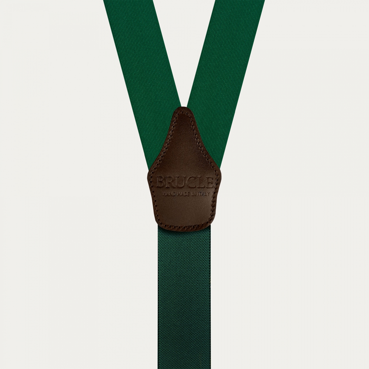 Men's green silk suspenders with brown leather and gold clips