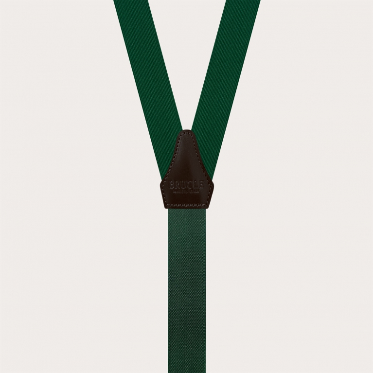 Narrow green silk suspenders with brown leather and gold clips