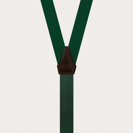 Bretelle verdi strette in seta con pelle marrone e clip oro