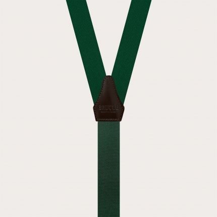 Narrow green silk suspenders with brown leather and gold clips