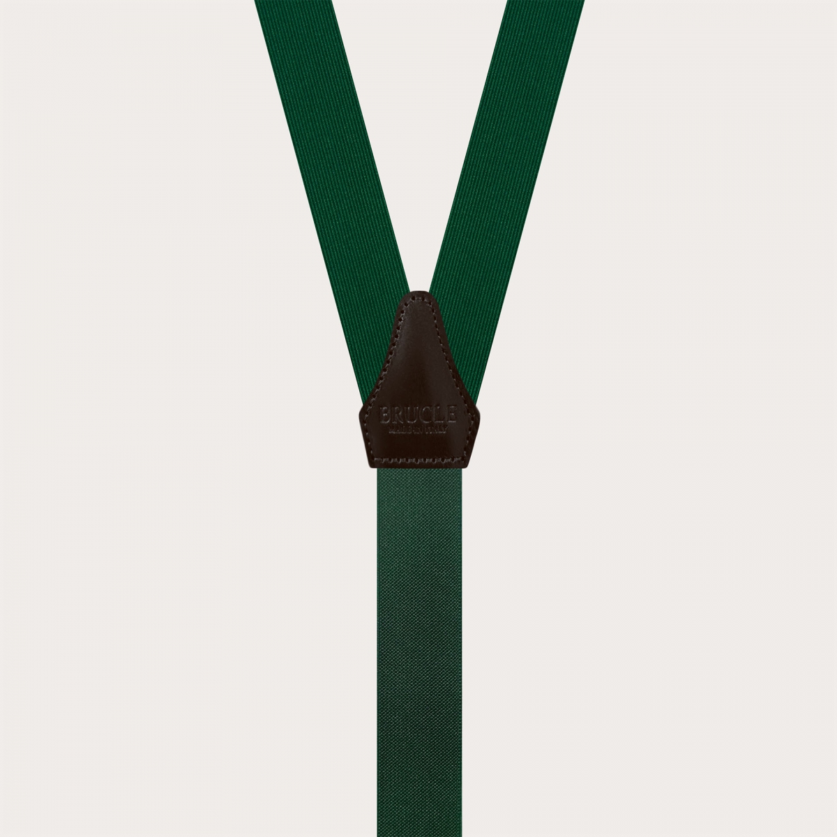 Narrow green silk suspenders with brown leather and gold clips