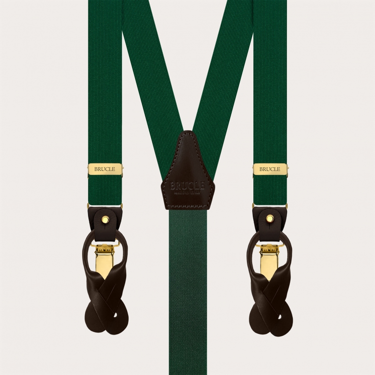 Narrow green silk suspenders with brown leather and gold clips