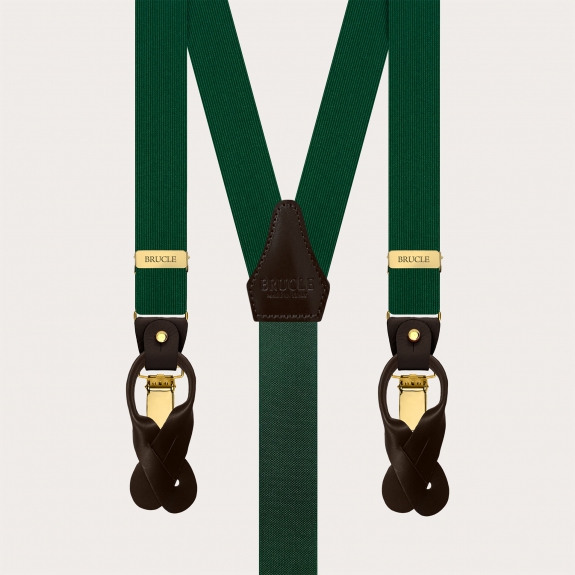 Narrow green silk suspenders with brown leather and gold clips