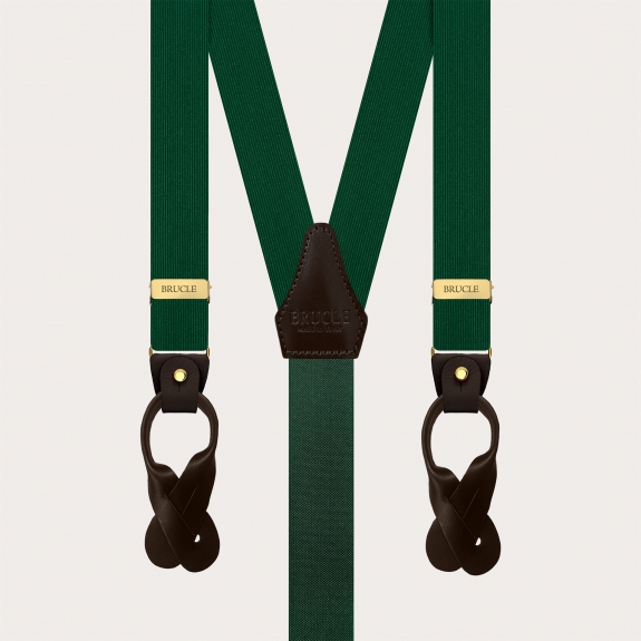 Narrow green silk suspenders with brown leather and gold clips