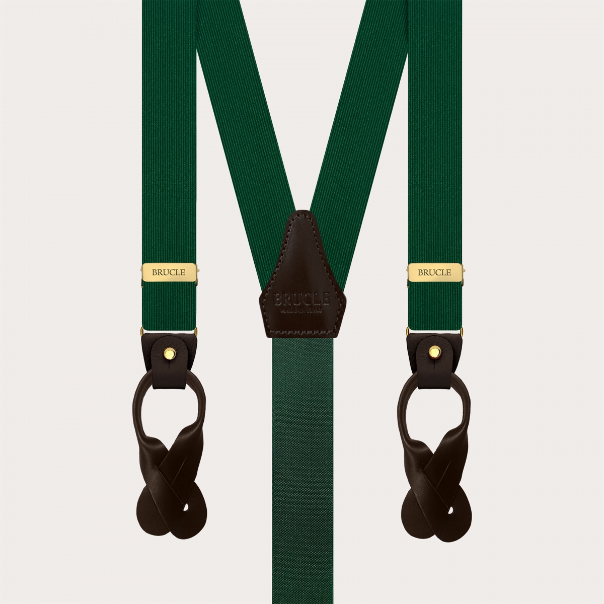 Narrow green silk suspenders with brown leather and gold clips