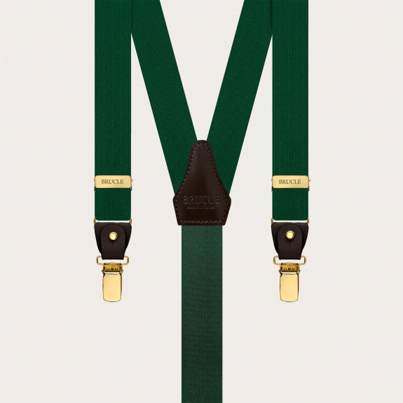 Narrow green silk suspenders with brown leather and gold clips