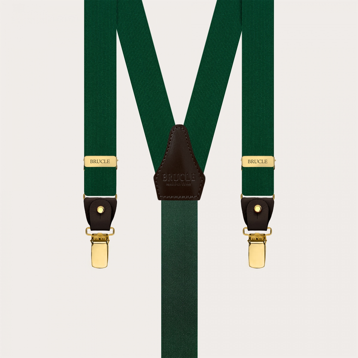 Narrow green silk suspenders with brown leather and gold clips