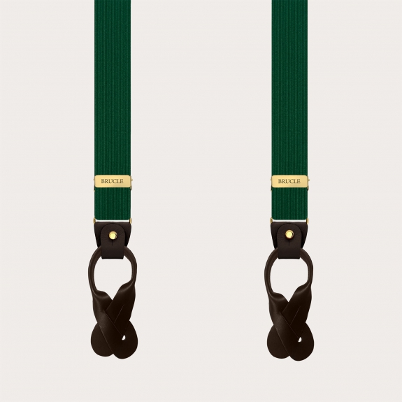 Narrow green silk suspenders with brown leather and gold clips