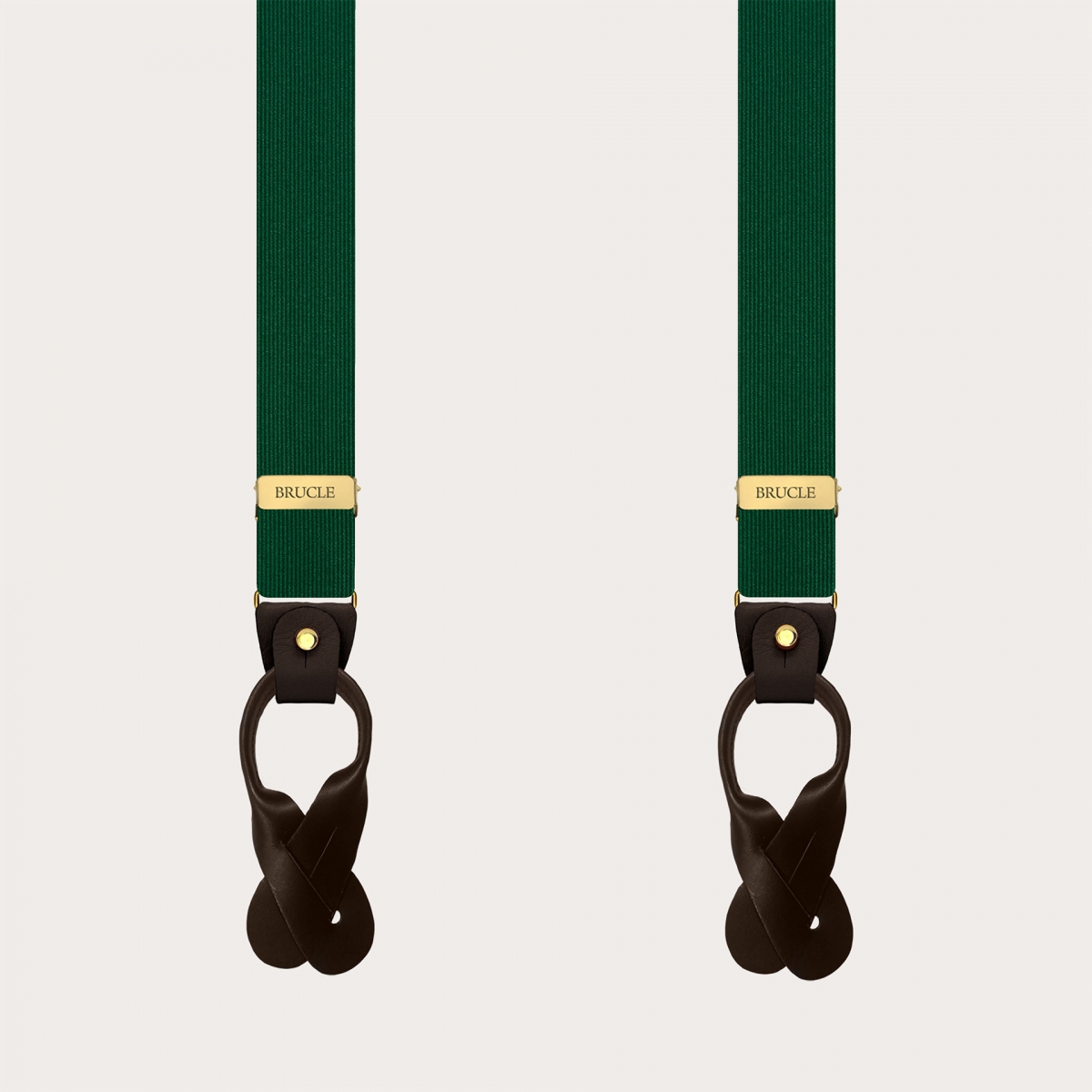 Narrow green silk suspenders with brown leather and gold clips